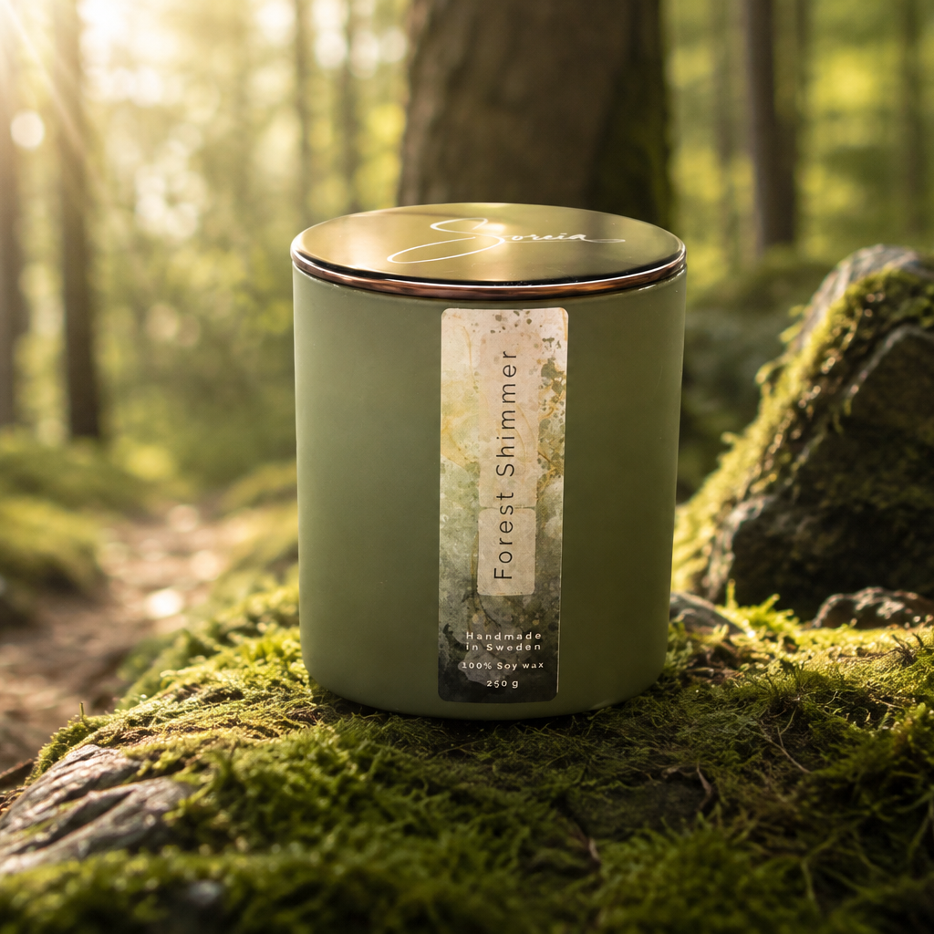 Forest Shimmer – Handgjort doftljus i 100 % sojavax, 250 g