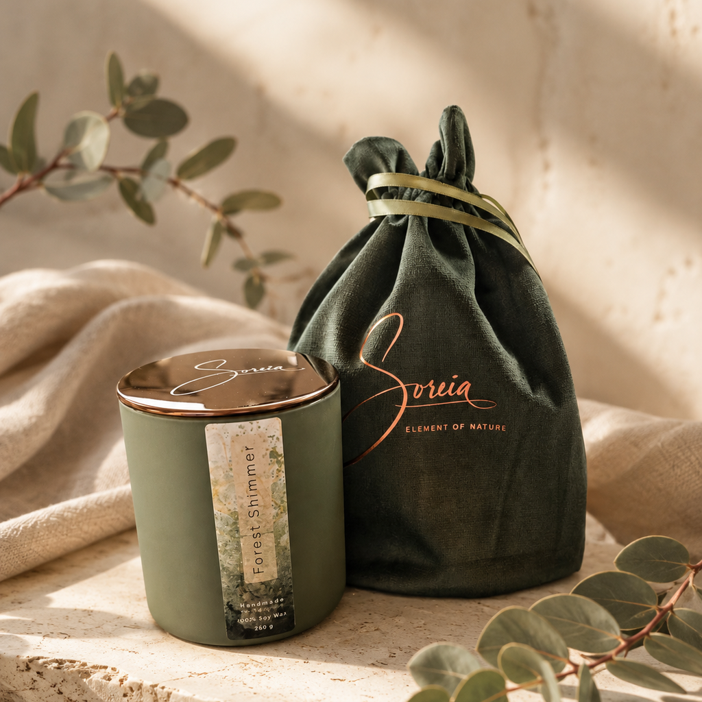 Forest Shimmer – Handgjort doftljus i 100 % sojavax, 250 g